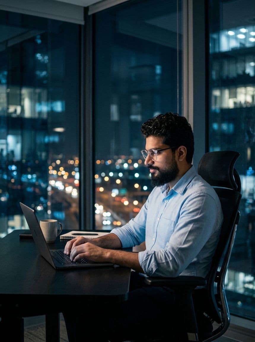 Muhammad Zain working at his desk