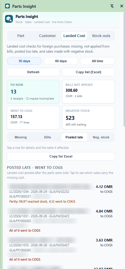 Parts Insight landed cost — posted late