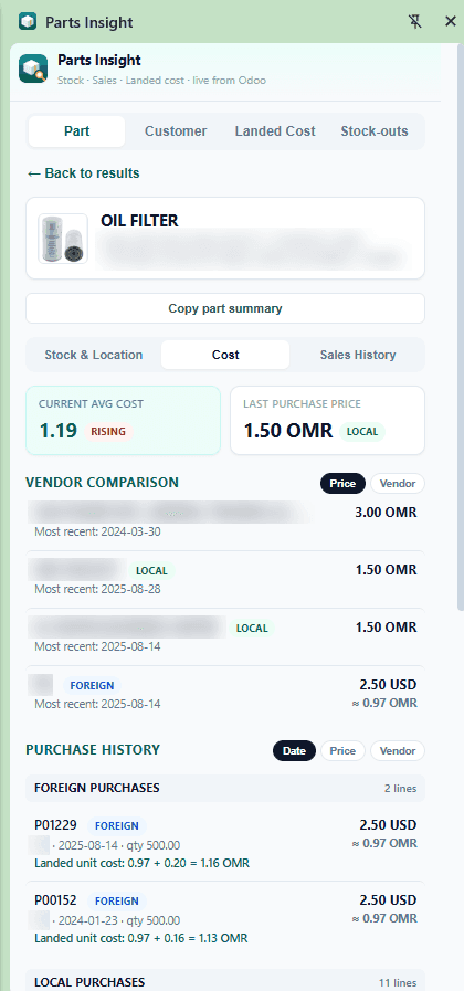 Parts Insight cost and vendor comparison view