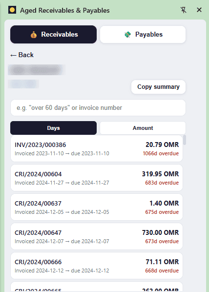 Overdue invoices for one customer