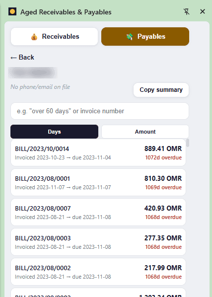 Open bills for one supplier